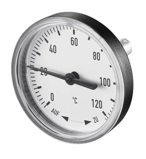 Oventrop Thermometer mit einem weißen Ziffernblatt. Skala von 0°C bis 120°C, mit einem schwarzen Gehäuse und einem Zeiger zur Temperaturablesung.
